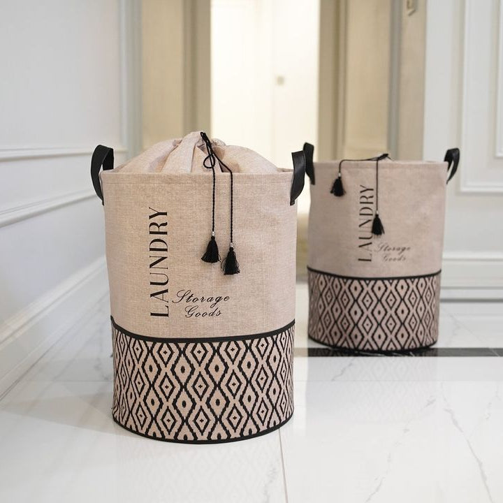 Beige and black home storage bundle with large laundry basket, HOME Storage Goods basket, two small patterned storage boxes, and black ceramic soap dispenser set with gold pump – KeyHomeLB Mix and Match Collection.