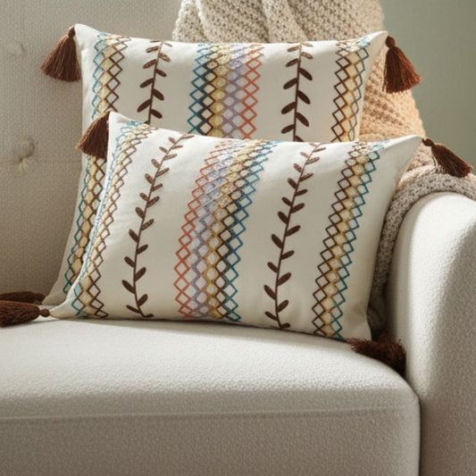 Boho cushion cover, embroidered cushion, rectangular cushion, sofa decor, tassel pillow cover, bohemian home decor, modern eclectic cushion, decorative pillowcase
