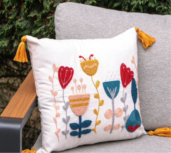 Contempo Floral Collection square embroidered cushion cover with yellow tassels, featuring tulip and heart floral motifs in red, yellow, and blue – 43x43 cm decorative pillow