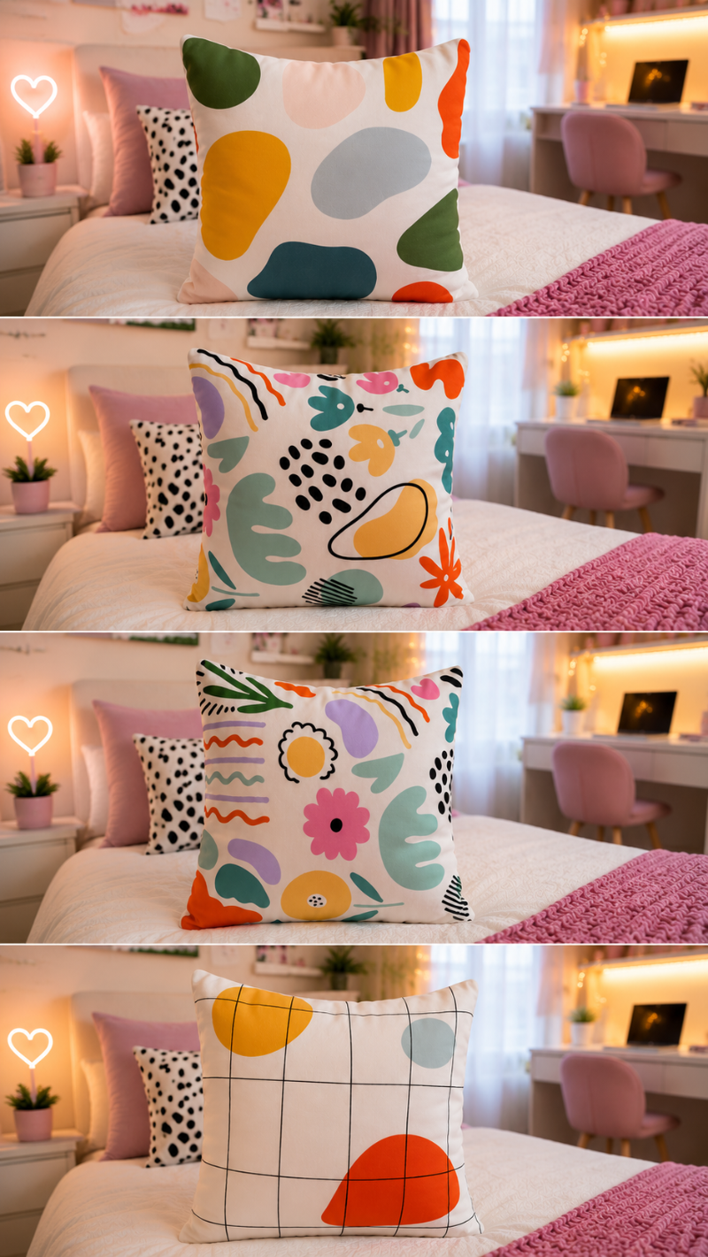 White cushion with colorful abstract shapes in a modern artistic pattern