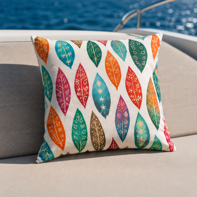 Colorful leaf pattern decorative cushion with watercolor botanical design on white fabric