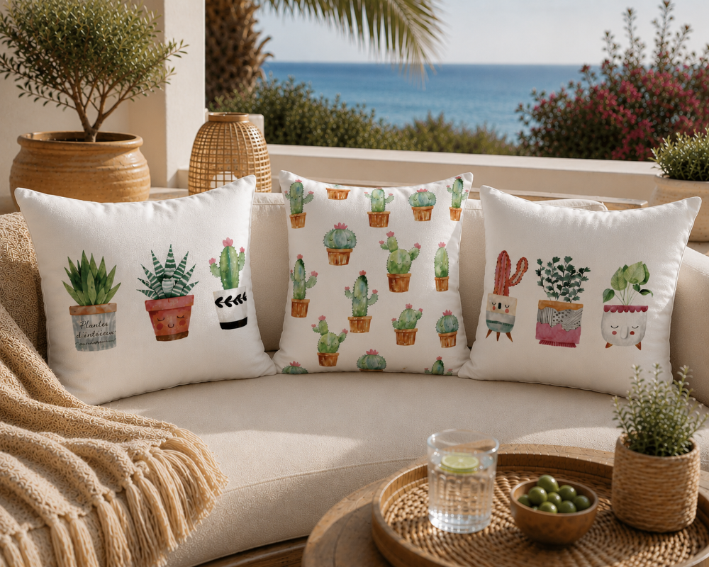 Cute watercolor cactus cushion cover with small potted plants on minimalist white decorative pillow