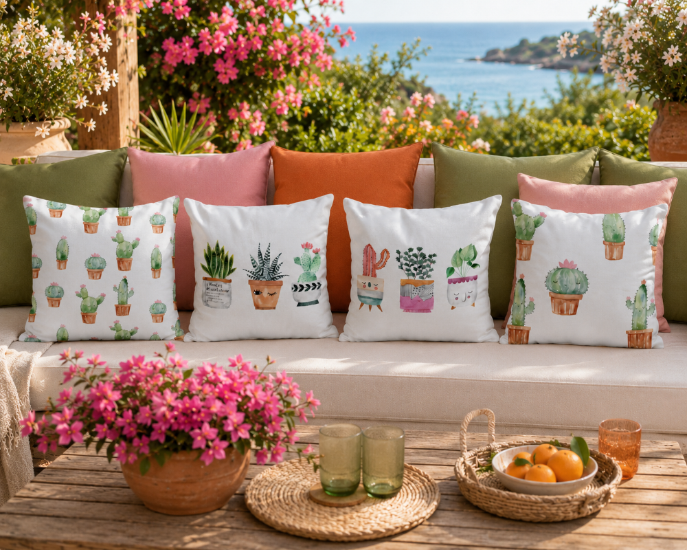 Cute watercolor cactus cushion cover with small potted plants on minimalist white decorative pillow