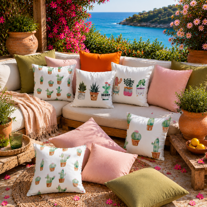 Cute watercolor cactus cushion cover with small potted plants on minimalist white decorative pillow