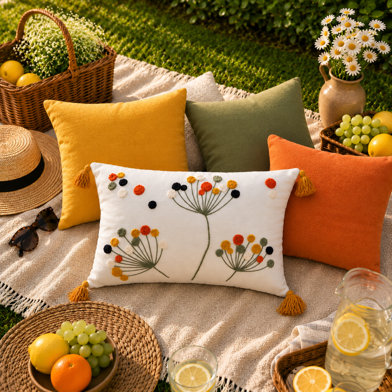 Wildflower Collection rectangle bloom embroidered cushion with tassels