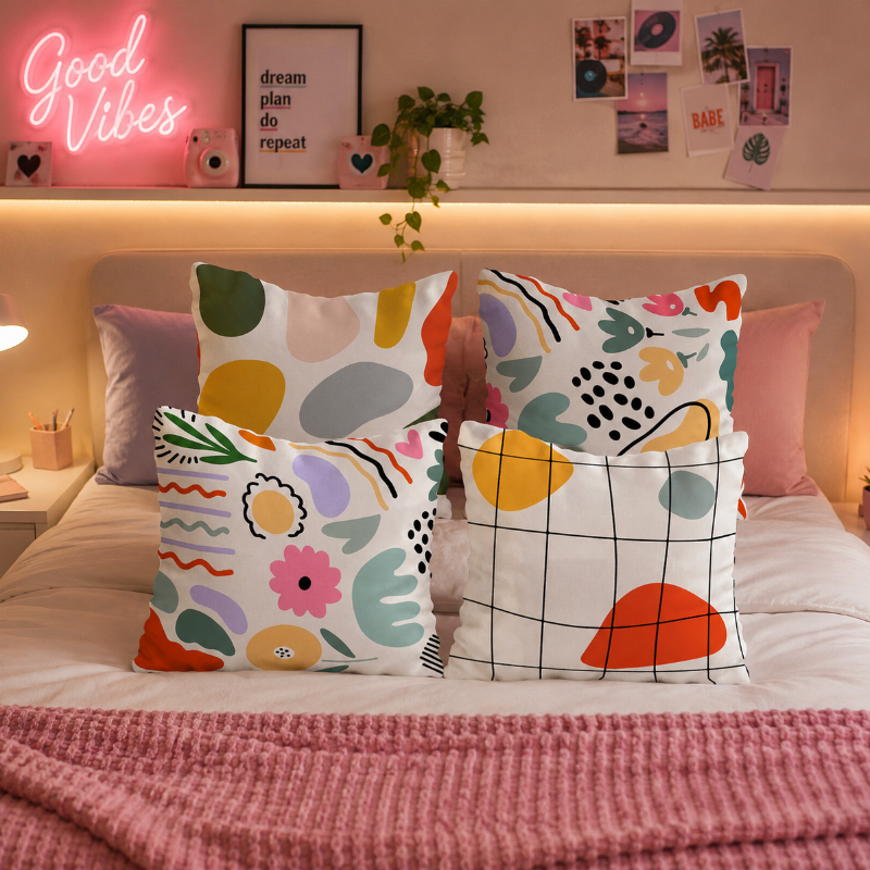 White cushion with black grid lines and abstract colored shapes in a modern geometric design