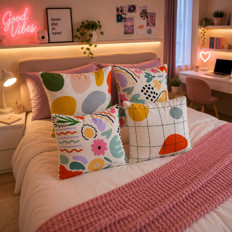 White cushion with black grid lines and abstract colored shapes in a modern geometric design