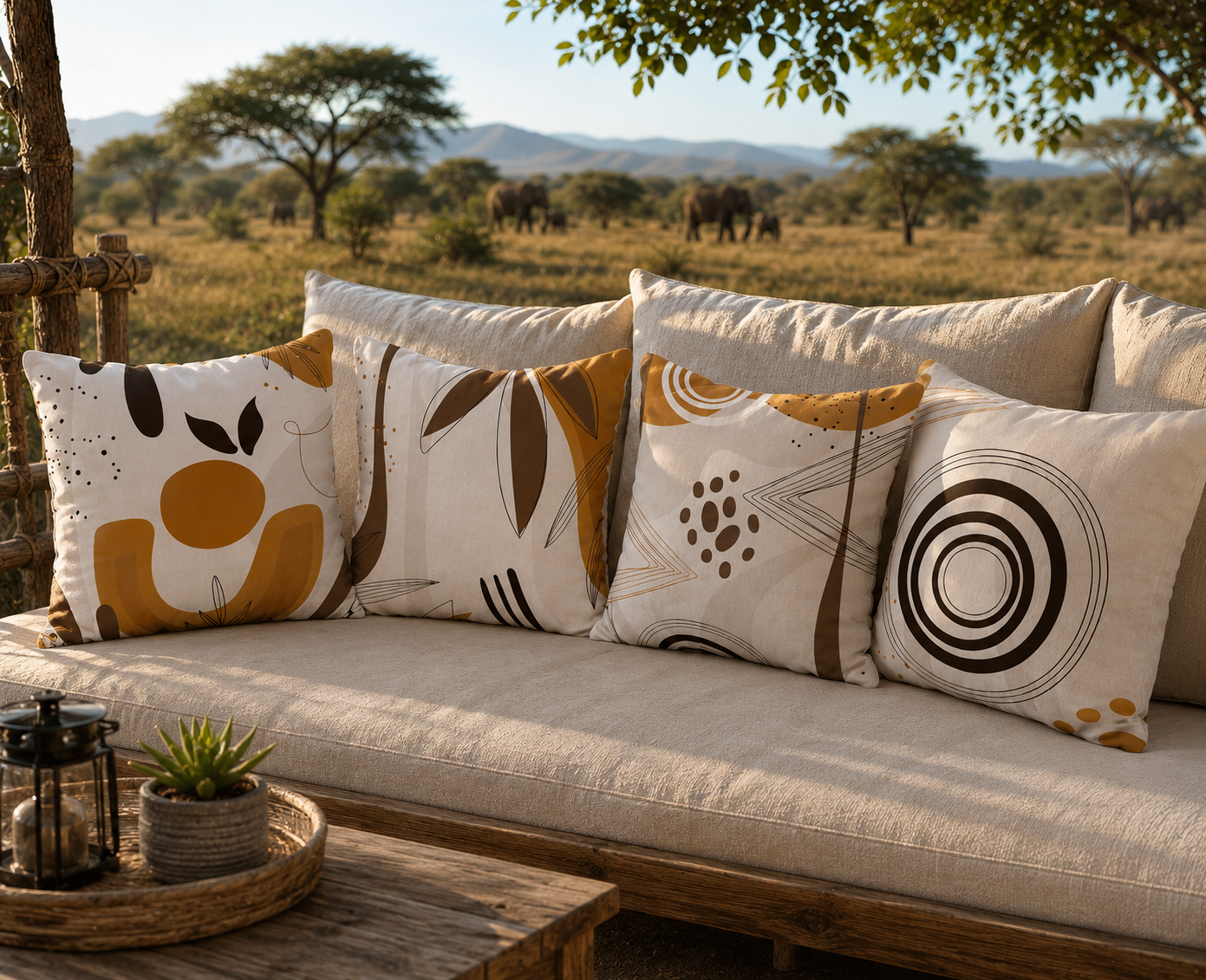 Minimalist cushion cover with concentric circle pattern in brown on beige background with gold accents