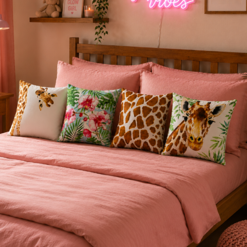 Giraffe print cushion cover with brown watercolor animal pattern on decorative pillow