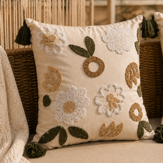 Evergreen Collection floral embroidered cushion cover with white and beige flowers, green leaves, and green tassels – 43x43 cm decorative pillow