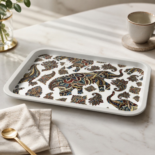 Rectangular serving tray with elephant and paisley-inspired pattern on a light background