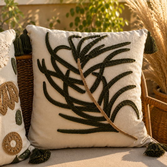 Evergreen Collection reed embroidered cushion cover with beige cattails, green stems, and green tassels – 43x43 cm decorative pillow