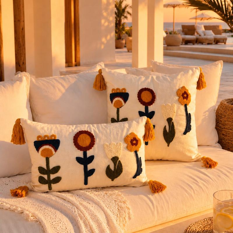 Sunny Bloom Collection rectangular floral embroidered cushion cover with colorful flowers and yellow tassels – 35x50 cm lumbar pillow