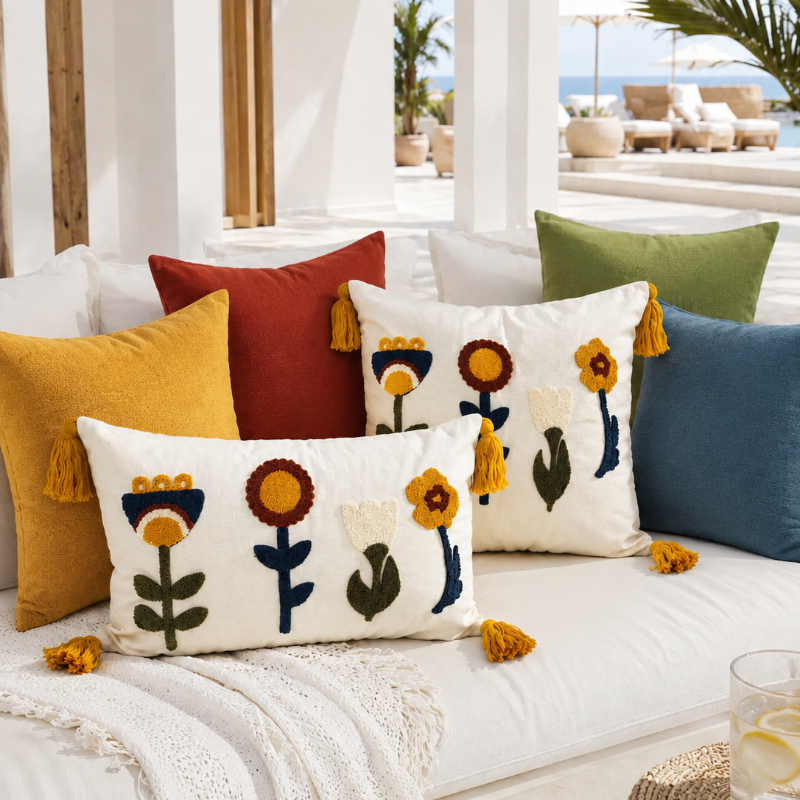 Sunny Bloom Collection rectangular floral embroidered cushion cover with colorful flowers and yellow tassels – 35x50 cm lumbar pillow