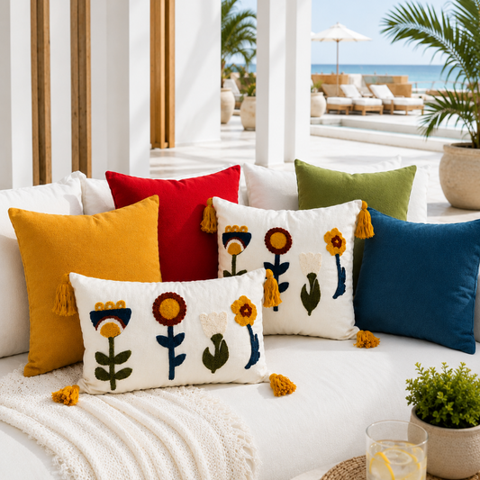 Sunny Bloom Collection rectangular floral embroidered cushion cover with colorful flowers and yellow tassels – 35x50 cm lumbar pillow