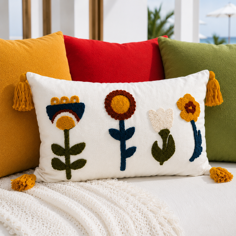 Sunny Bloom Collection rectangular floral embroidered cushion cover with colorful flowers and yellow tassels – 35x50 cm lumbar pillow