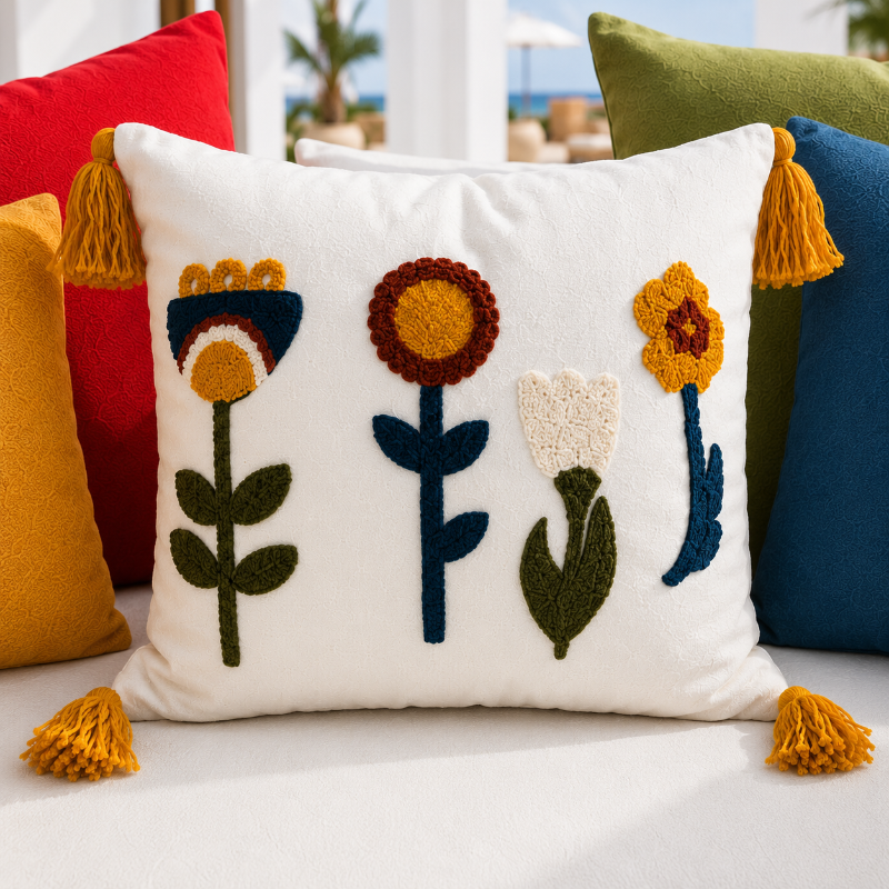 Sunny Bloom Collection rectangular floral embroidered cushion cover with colorful flowers and yellow tassels – 35x50 cm lumbar pillow
