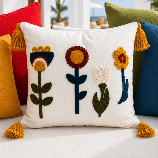 Sunny Bloom Collection rectangular floral embroidered cushion cover with colorful flowers and yellow tassels – 35x50 cm lumbar pillow