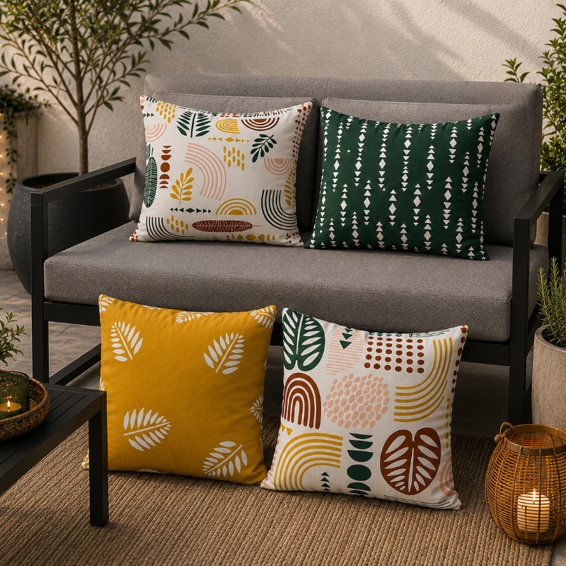 Modern abstract cushion cover with geometric shapes and earth tone colors on decorative pillow