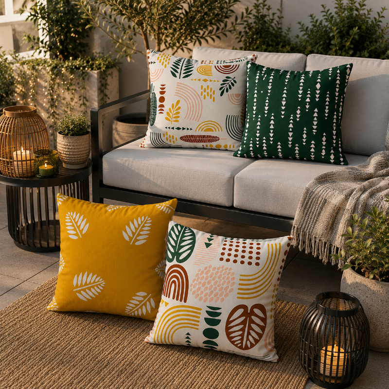 Modern abstract cushion cover with geometric shapes and earth tone colors on decorative pillow