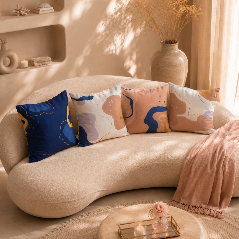 Warm neutral cushion cover with abstract shapes in beige, blue, and gold tones on a decorative pillow