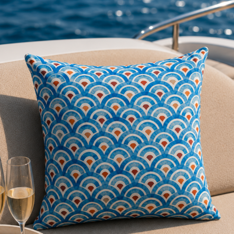 Blue geometric wave pattern cushion cover with repeating ocean-inspired design on decorative pillow