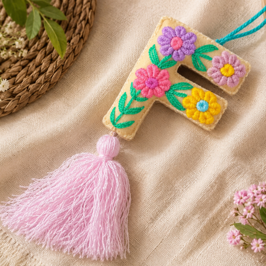 Handmade embroidered letter F ornament with colorful floral patterns and soft pink tassel on wooden background