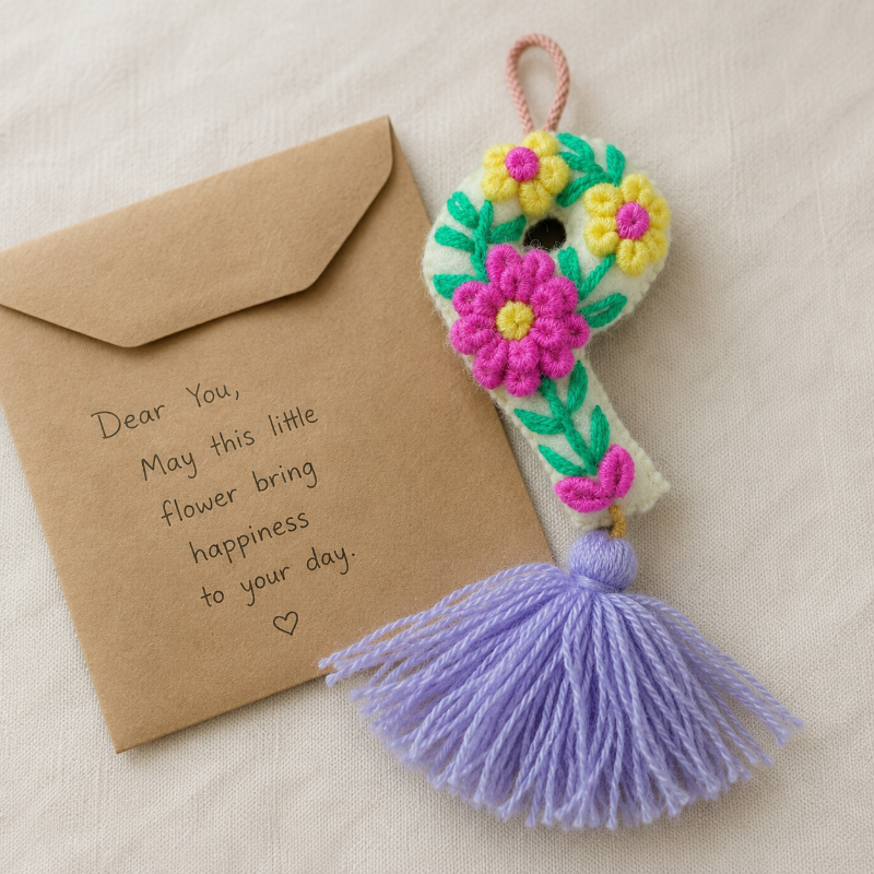 Handmade embroidered letter P ornament with colorful floral embroidery and lavender tassel on wooden background
