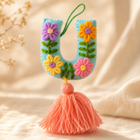 Handmade embroidered letter U ornament with colorful floral embroidery and peach tassel on wooden background