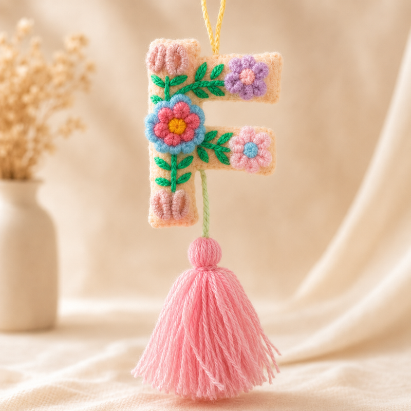 Handmade embroidered letter F ornament with floral patterns on beige fabric and pink tassel on wooden background