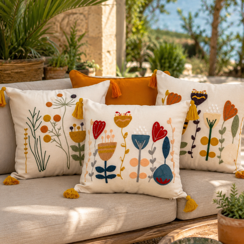Three decorative throw pillows with colorful embroidered floral and botanical patterns, styled on a light beige outdoor sofa with a wooden frame, surrounded by potted plants and a warm, sunny patio background.