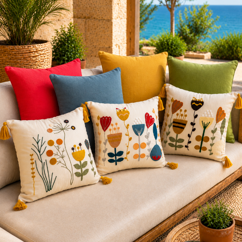 A set of decorative throw pillows arranged on a beige outdoor sofa. The pillows include solid colors in red, blue, yellow, and green, as well as two cream pillows with embroidered floral and botanical patterns and yellow tassels.