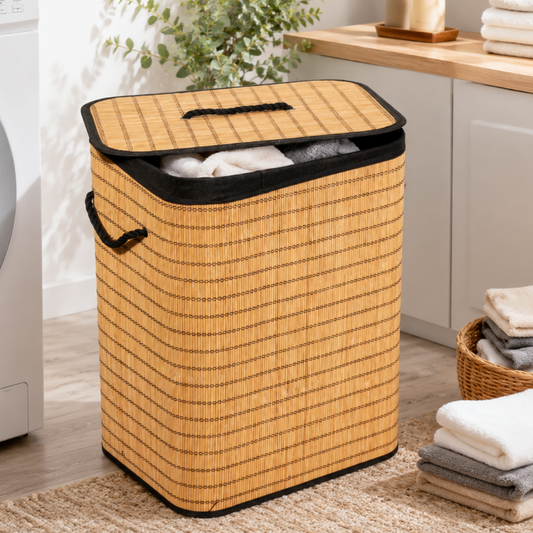 A rectangular woven laundry hamper with a slatted bamboo-style exterior, black trim, and a hinged lid, shown in a bright laundry room next to a washing machine with folded towels nearby.