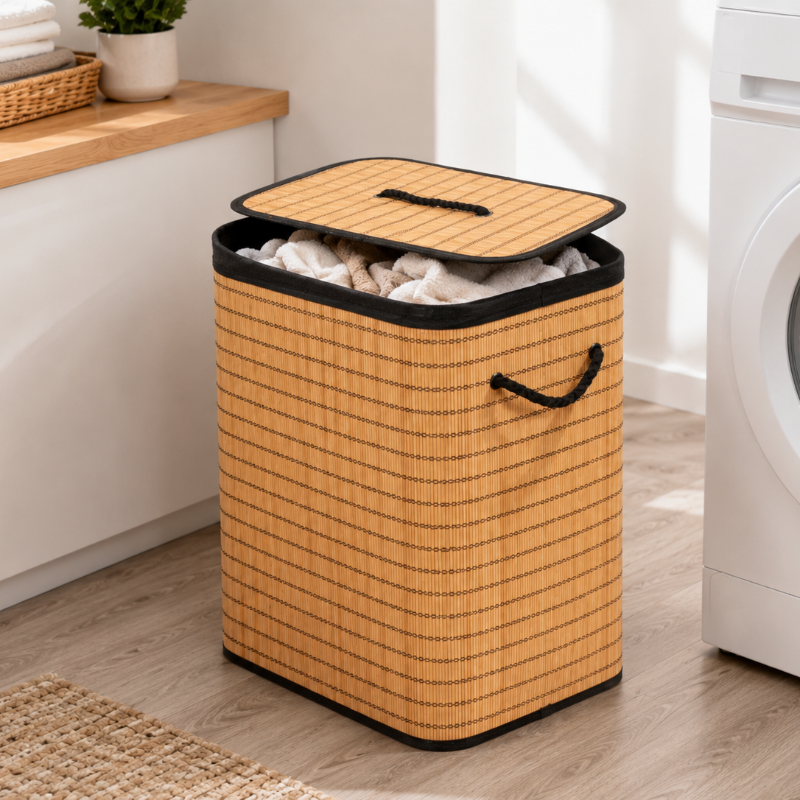 A bamboo-style fabric laundry hamper with a hinged lid, shown in a bright laundry room next to a washing machine. The hamper has a warm tan color with a subtle wood-grain pattern, black trim, and black handles.