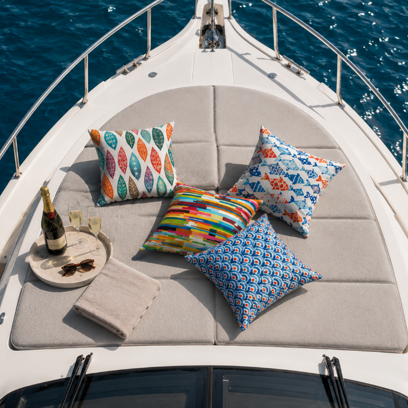 Colorful fish pattern cushion cover with blue and orange marine design on white decorative pillow