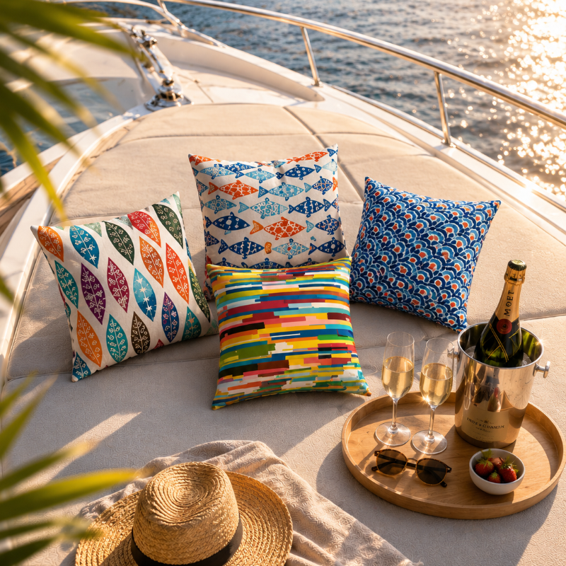Colorful fish pattern cushion cover with blue and orange marine design on white decorative pillow