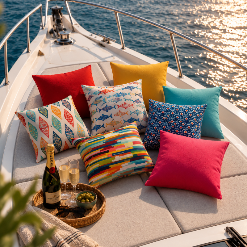 Colorful fish pattern cushion cover with blue and orange marine design on white decorative pillow