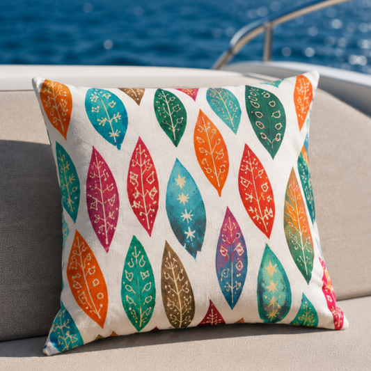 Colorful leaf pattern decorative cushion with watercolor botanical design on white fabric