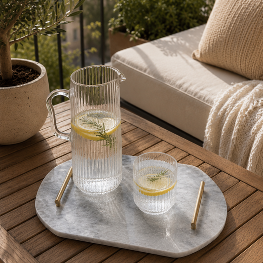 A clear ribbed glass pitcher and matching glass cup with gold-toned straws sit on a round gray marble tray on a wooden outdoor table, with a beige sofa, plants, and a balcony railing in the background.