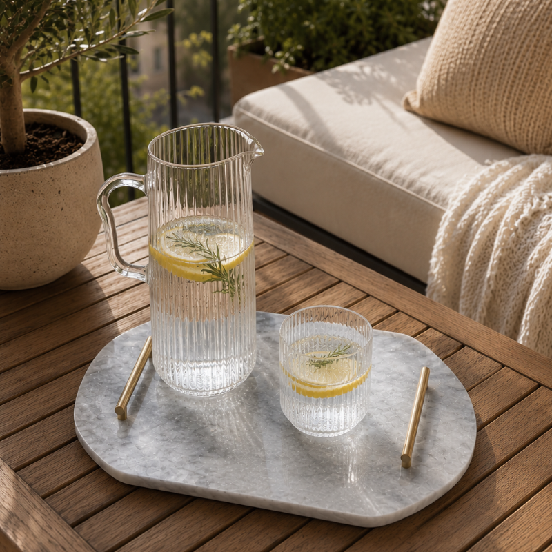 A clear ribbed glass pitcher and matching glass cup with gold-toned straws sit on a round gray marble tray on a wooden outdoor table, with a beige sofa, plants, and a balcony railing in the background.