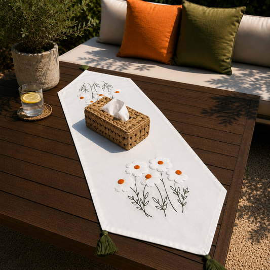 White cotton table runner with embroidered wildflowers and orange centers on wooden coffee table