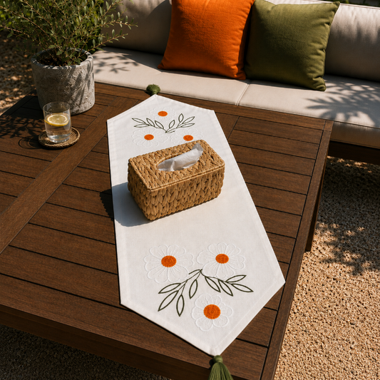White cotton table runner with embroidered daisy flowers and orange centers on wooden coffee table