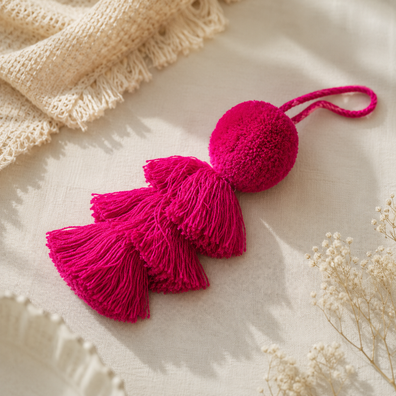 Fuchsia fluffy tassel keychain with soft pom pom placed on grass 