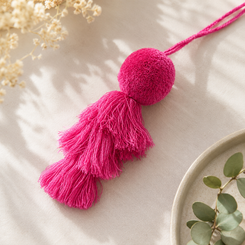 Pinky fluffy tassel keychain with soft pom pom placed on grass 