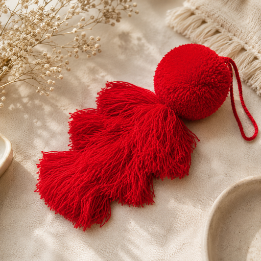 Red fluffy tassel keychain with soft pom pom placed on grass 
