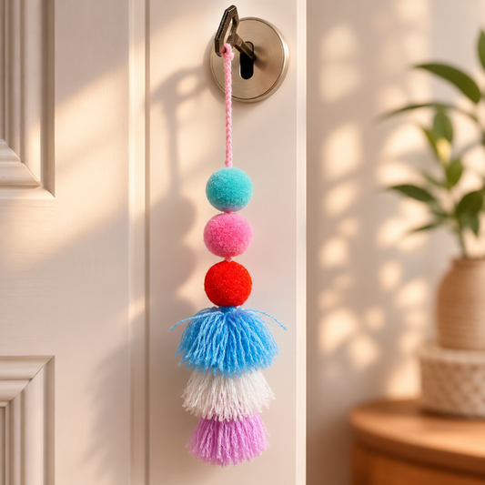 Handmade pom pom tassel hanging decor with colorful pom poms and layered yarn tassels on white door background