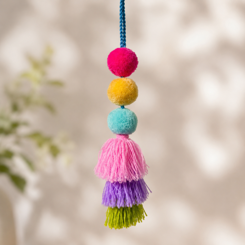 Handmade colorful pom pom tassel hanging decor with layered yarn tassels and bright pom poms on white door background