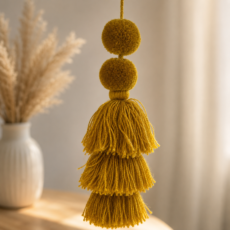 A mustard yellow decorative tassel ornament with three pom-poms and layered fringe, hanging in front of a softly blurred indoor background with a white vase and dried grasses.