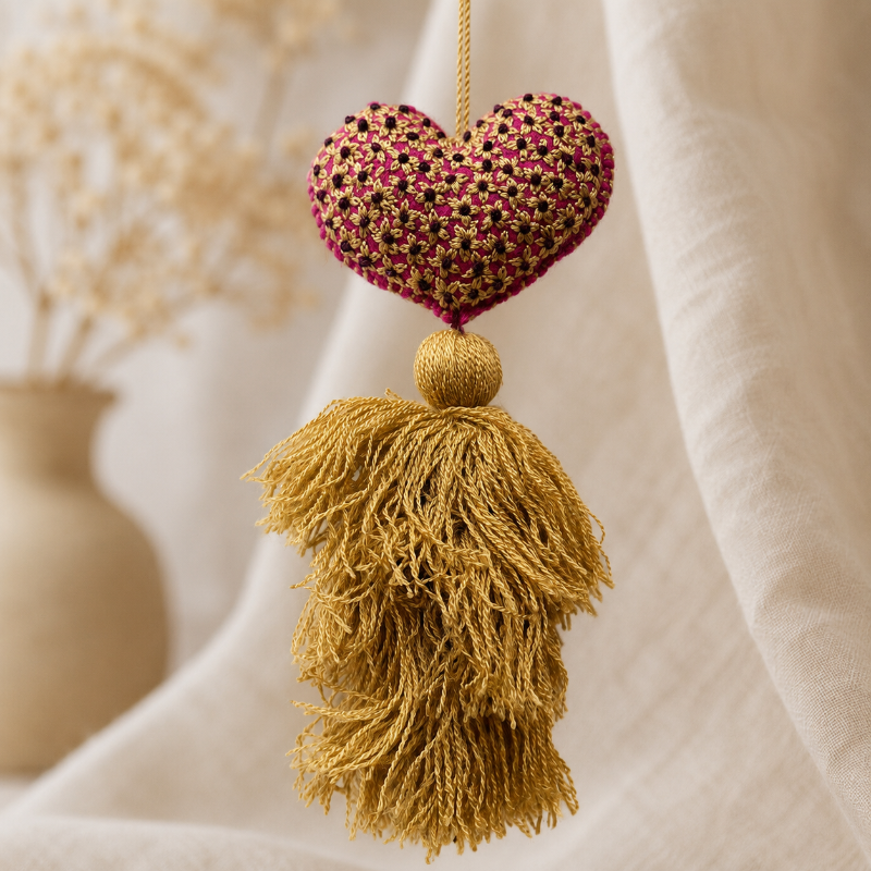 Handmade gold embroidered heart tassel with floral embroidery and gold yarn fringe on curtain