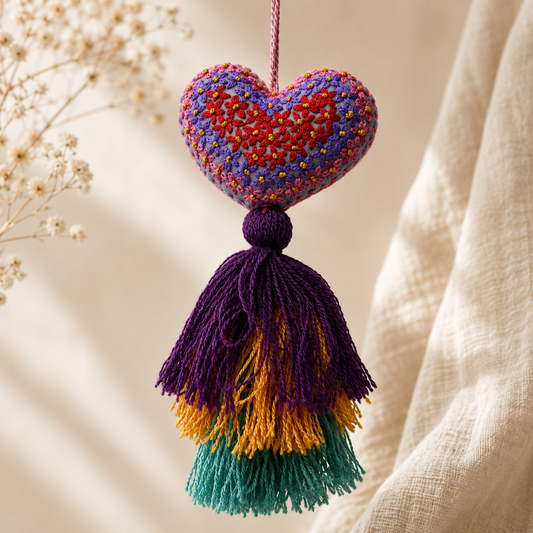 Handmade multicolor embroidered heart tassel with colorful floral embroidery and layered yarn fringe on curtain